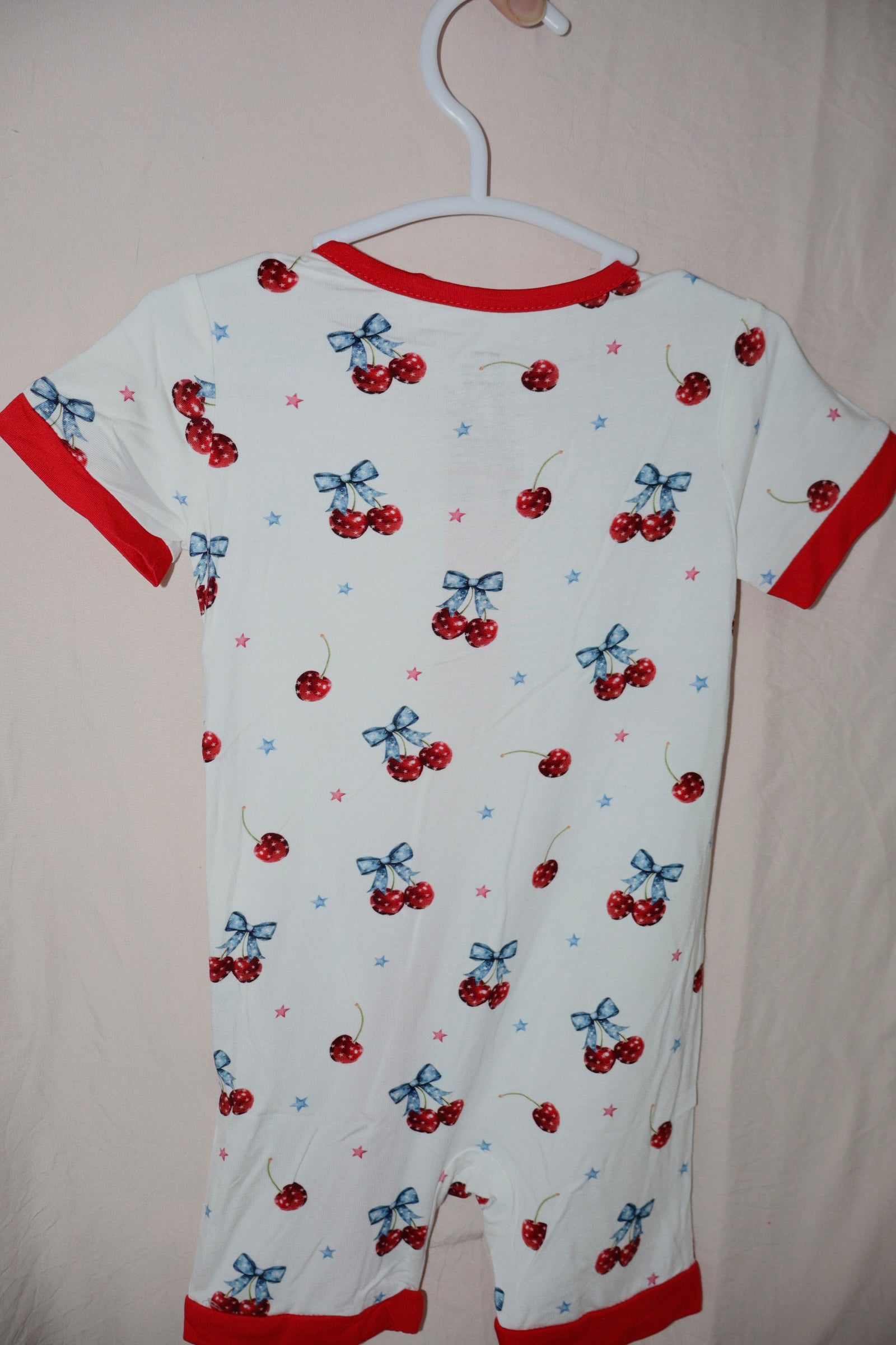 4th of July cherry bow twinkling stars baby romper