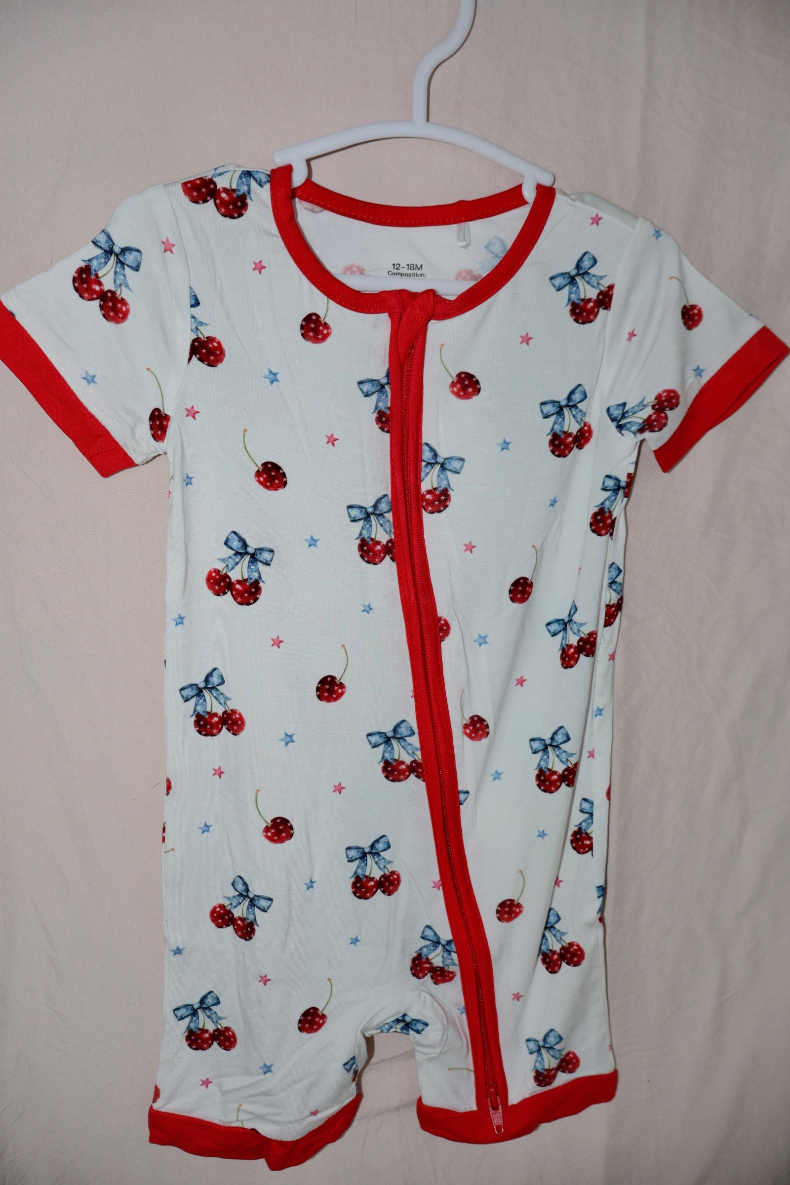 4th of July cherry bow twinkling stars baby romper