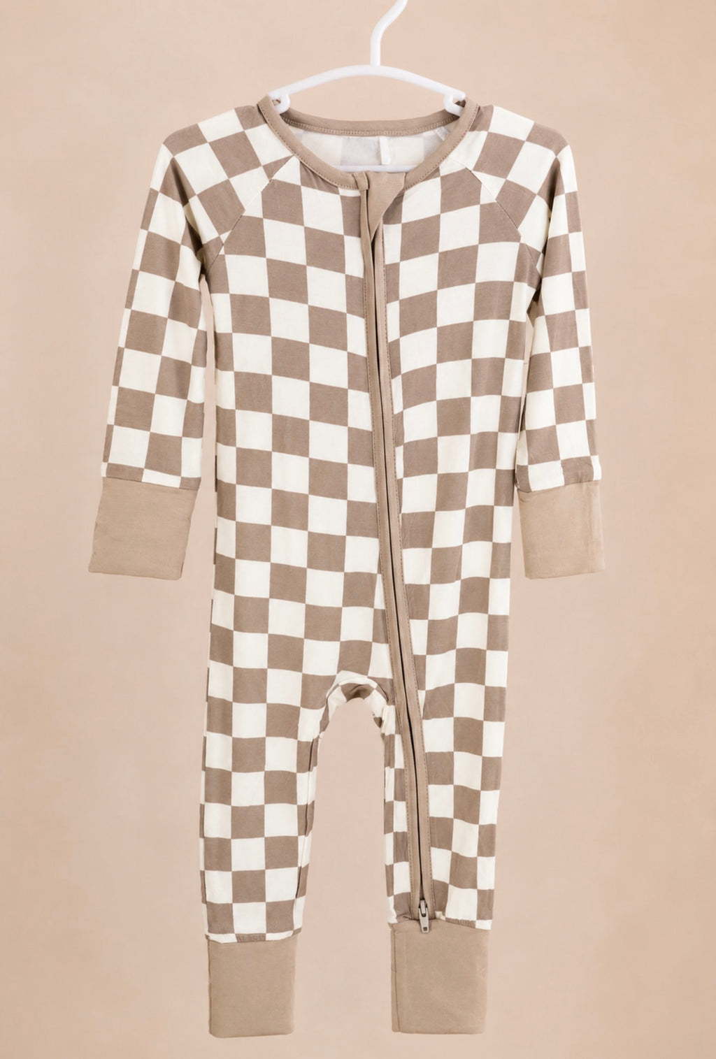 Neutral checkered zip romper