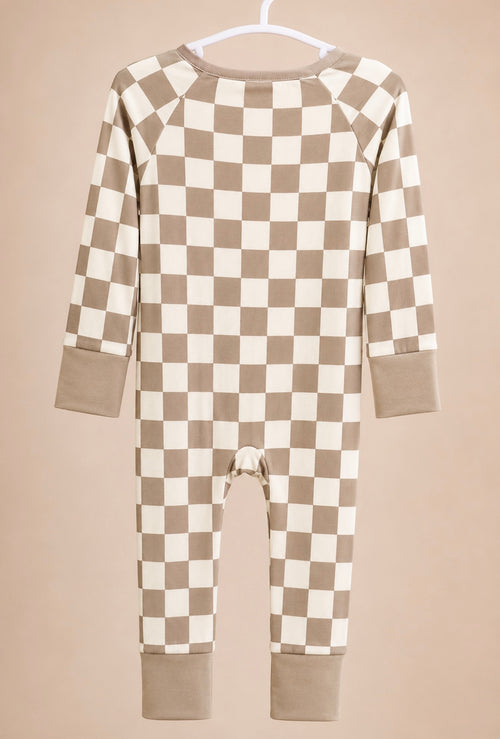 Neutral checkered zip romper