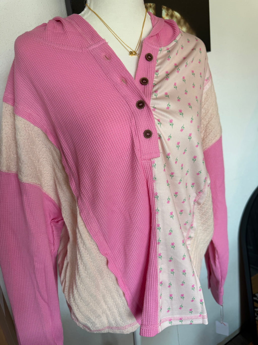 Pink Floral Waffle Knit Hooded top
