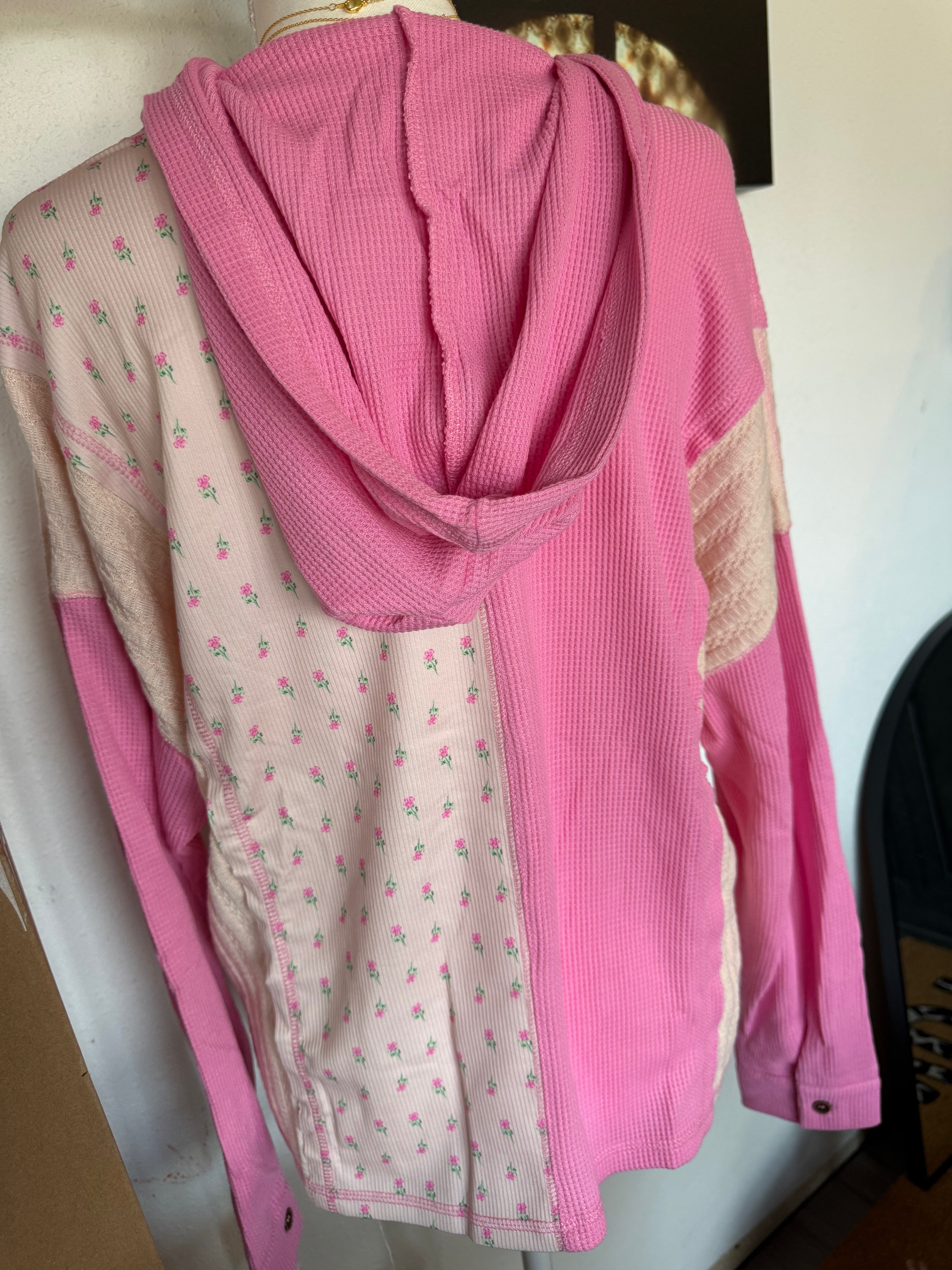 Pink Floral Waffle Knit Hooded top
